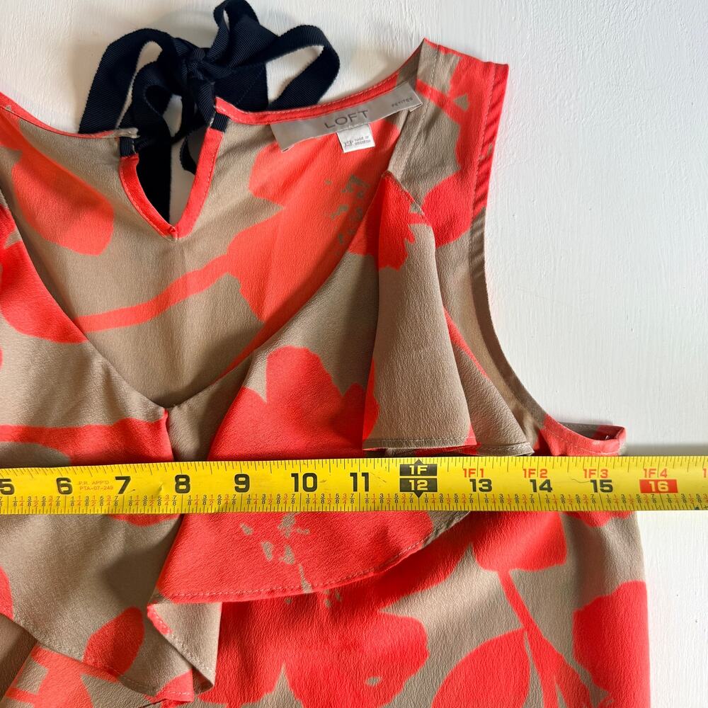 Loft XS Tan Orange Floral Ruffle V-Neck Sleeveless Office Casual Spring Blouse - Picture 8 of 10
